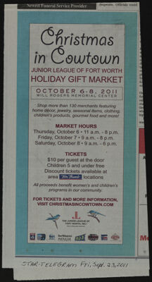Christmas in Cowtown Junior League of Fort Worth Holiday Gift Market Newspaper Clipping, September 23, 2011