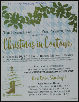 The Junior League of Fort Worth, Inc. Presents Christmas in Cowtown Fort Worth Magazine Clipping, October 2016