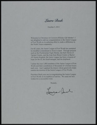 Laura Bush Christmas in Cowtown Welcome Letter, October 5, 2011