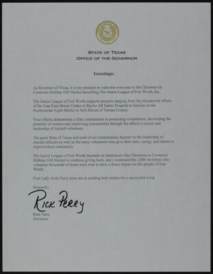 Rick Perry Christmas in Cowtown Welcome Letter, 2011