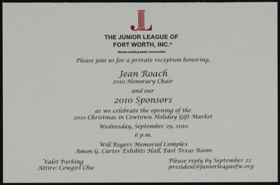 Junior League of Fort Worth Private Reception Invitation, September 29, 2010