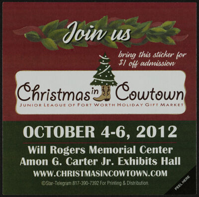 Christmas in Cowtown $1 Off Admission Sticker, October 4-6, 2012