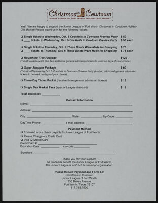 Christmas in Cowtown Holiday Gift Market Ticket Order Form, 2011