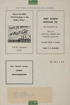 Fort Worth Junior League News Bulletin, Vol. XVI, No. 1, October 1945 Back Cover