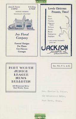 Fort Worth Junior League Bulletin, Vol. VII, No. 3, December 1936 Back Cover