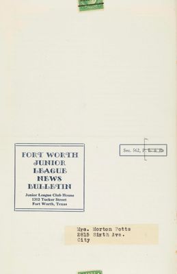 Fort Worth Junior League Bulletin, Vol. IX, No. 1, October 1938 Back Cover