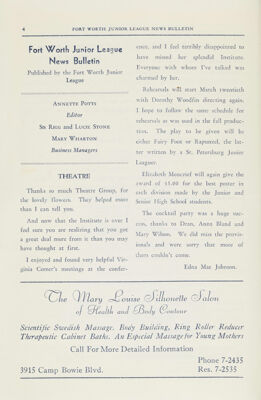 Fort Worth Junior League News Bulletin Published by the Fort Worth Junior League, February 1939