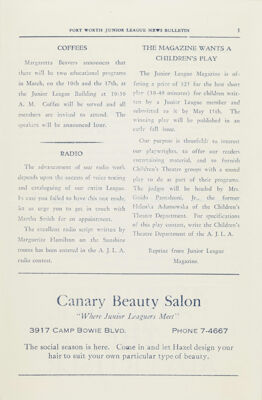 Canary Beauty Salon Advertisement, February 1939