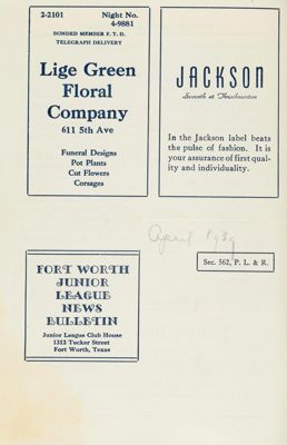 Fort Worth Junior League Bulletin, Vol. IX, No. 8, April 1939 Back Cover