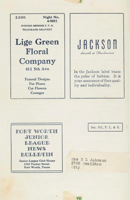 Fort Worth Junior League Bulletin, Vol. IX, No. 9, May 1939 Back Cover