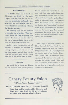 Canary Beauty Salon Advertisement, November 1939