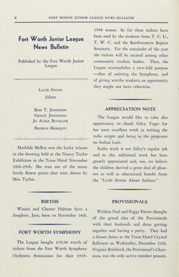 Fort Worth Junior League News Bulletin Published by the Fort Worth Junior League, January 1940