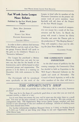 Fort Worth Junior League News Bulletin Published by the Fort Worth Junior League, November 1940
