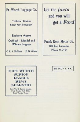 Fort Worth Junior League News Bulletin, Vol. XI, No. 5, February 1941 Back Cover