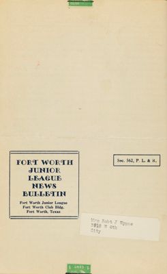 Fort Worth Junior League News Bulletin, Vol. XII, No. 1, September 1941 Back Cover