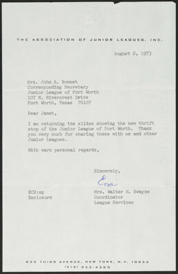 Eva Swayze to Janet Bonnet Letter, August 2, 1973