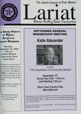 The Junior League of Fort Worth Lariat, Vol. 10, No. 1, September 2002