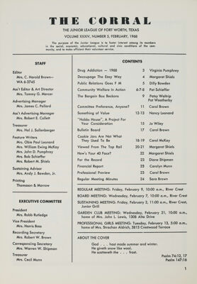 The Corral, Vol. XXXIV, No. 5, February 1968 Table of Contents