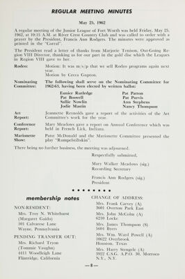 Regular Meeting Minutes, October 1962