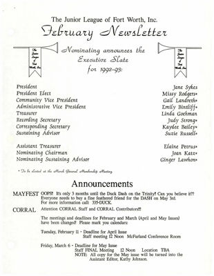 The Junior League of Fort Worth, Inc. February Newsletter 2, February 1992