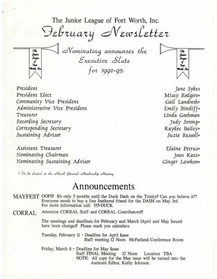 The Junior League of Fort Worth, Inc. February Newsletter 1, February 1992