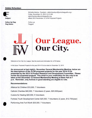 Our League Our City Sustainer News, November 15, 2013