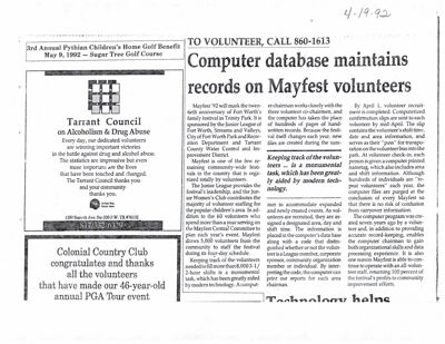 Computer Database Maintains Records on Mayfest Volunteers Newspaper Clipping, April 19, 1992
