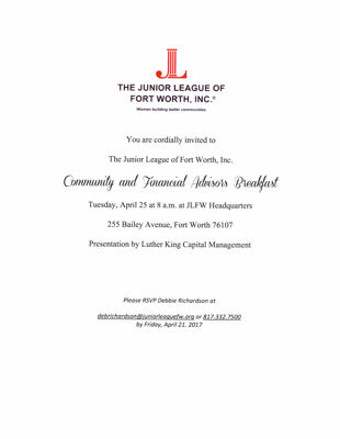 Community and Financial Advisors Breakfast Invitation, April 25, 2017