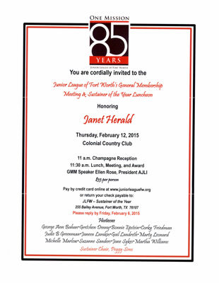 February General Membership Meeting & Sustainer of the Year Luncheon Invitation, February 12, 2015