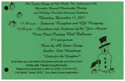 December General Membership Meeting and Holiday Luncheon Invitation, December 13, 2001