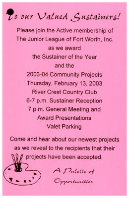Sustainer of the Year and 2003-04 Community Projects Reception Invitation, February 13, 2003