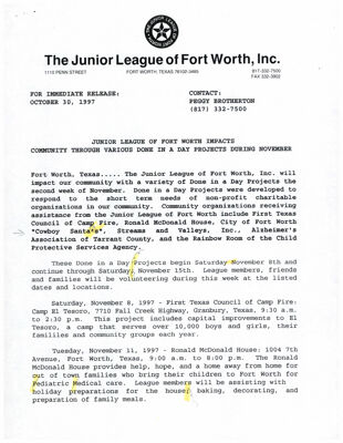 Junior League of Fort Worth Impacts Community Through Various Done in a Day Projects During November Press Release