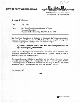 Womanfest Committee Press Release, July 3, 1995