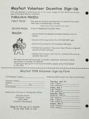 Mayfest 1998 Volunteer Sign-Up Form