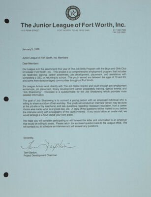 Terri Sexton to Junior League of Fort Worth, Inc. Members Letter, January 5, 1999