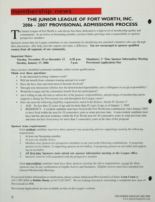 The Junior League of Fort Worth, Inc. 2006-2007 Provisional Admissions Process
