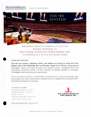 Dinner & Texas Rangers Game Invitation, August 14, 2014