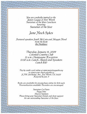 Junior League of Fort Worth Sustainer of the Year Luncheon Invitation, January 15, 2009