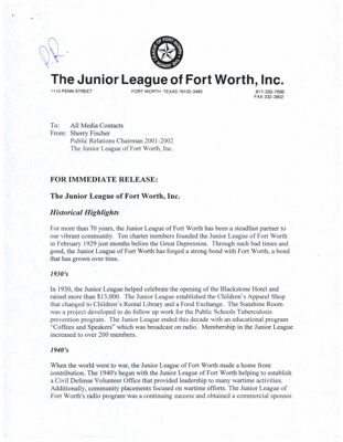 The Junior League of Fort Worth, Inc. Historical Highlights Press Release