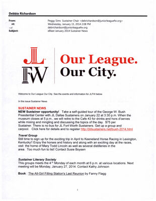 Our League Our City Sustainer News, January 15, 2014
