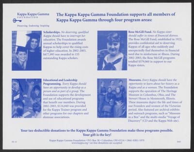 the kappa kappa gamma foundation supports all members of kappa kappa gamma through four program areas, september 2003 (image)