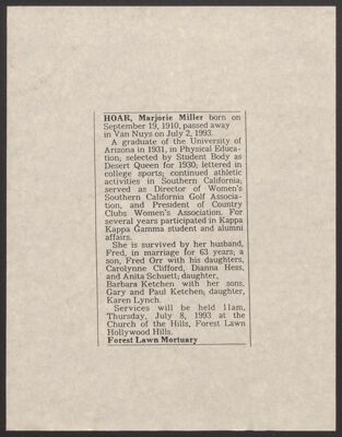 marjorie hoar obituary typescript, july 8, 1993 (image)