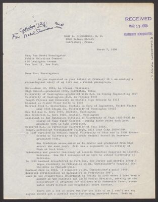 mary richardson to ann morningstar letter, march 7, 1958 (image)
