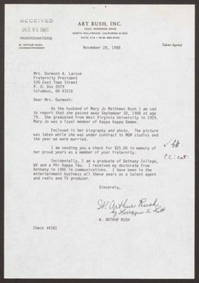 w. rush to mrs. durmont larson letter, november 28, 1988 (image)