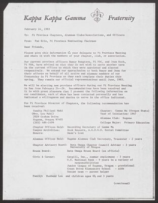 pat kriz to pi province chapters, alumnae associations, and officers memo, february 14, 1983 (image)