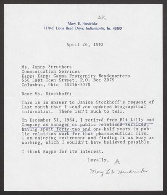 mary hendricks to ms. stockhoff letter, april 26, 1993 (image)