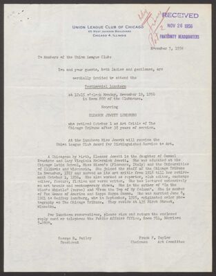 george bailey and frank taylor to members of the union league club of chicago letter, november 7, 1956 (image)