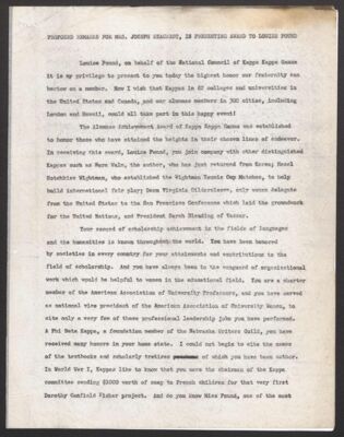 proposed remarks for mrs. joseph seacrest, in presenting award to louise pound document (image)