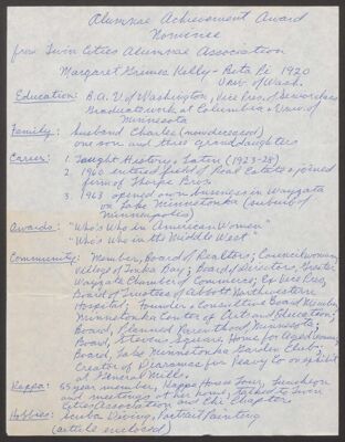 margaret kelly biographical information sheet (image)