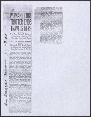 woman globe trotter ends travels here newspaper clipping, july 11, 1915 (image)